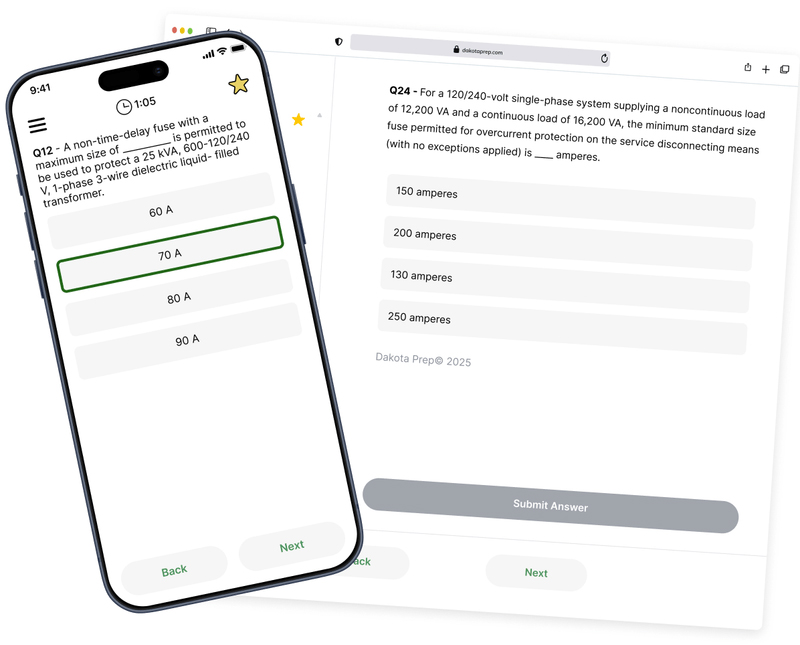 Dakota Prep electrical exam questions on mobile and desktop