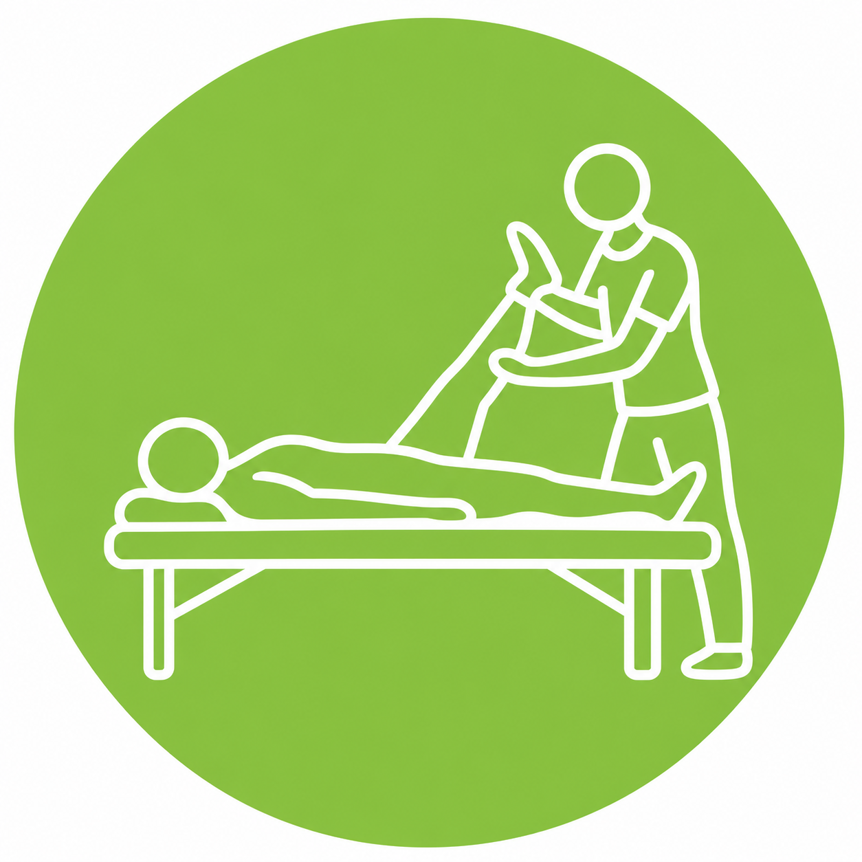 White outline of a therapist assisting a client's leg stretch inside a green circle.