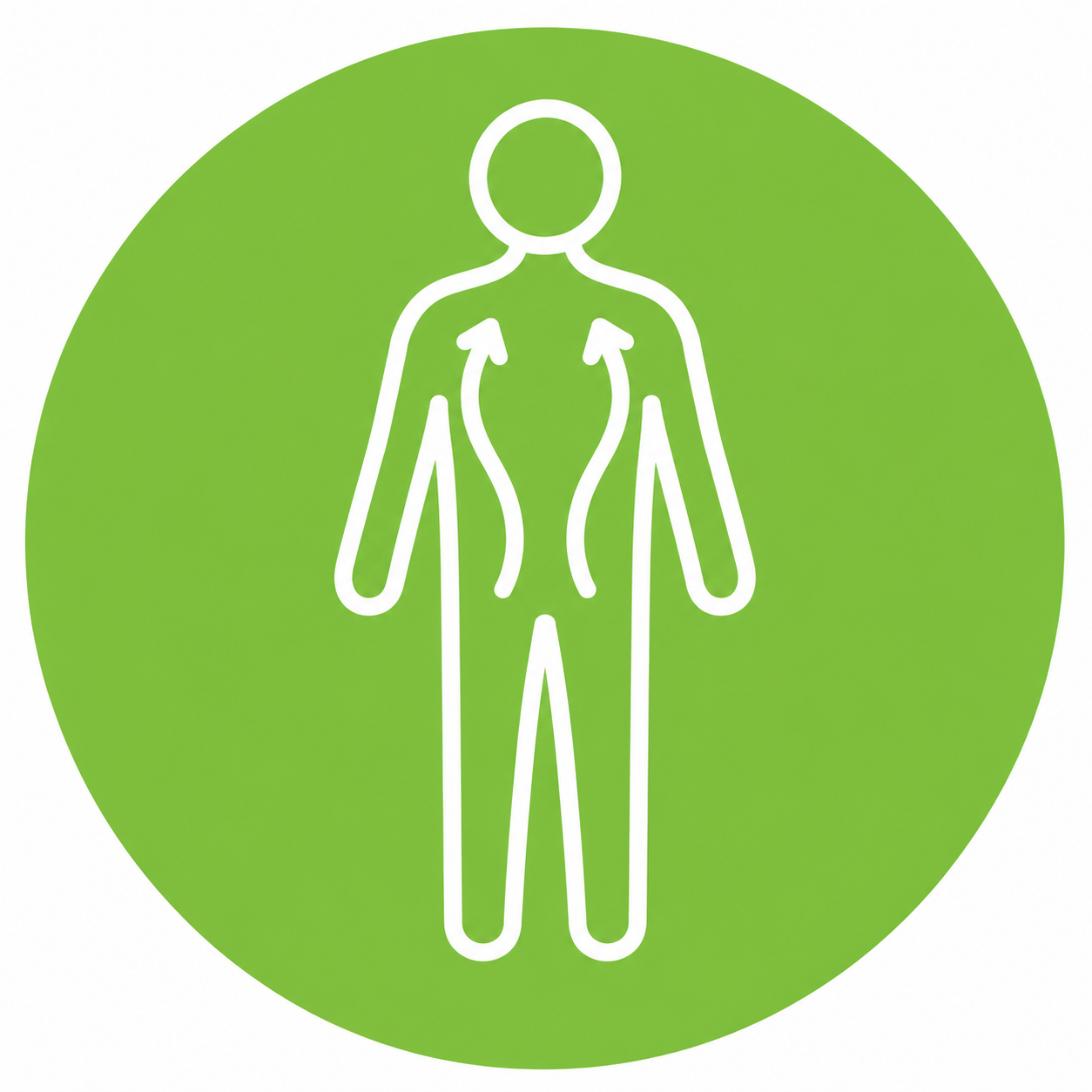 Gender-neutral full-body outline with upward lymphatic flow arrows inside a green circle.