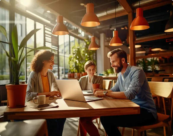 A group of people sitting at a table with a laptop.