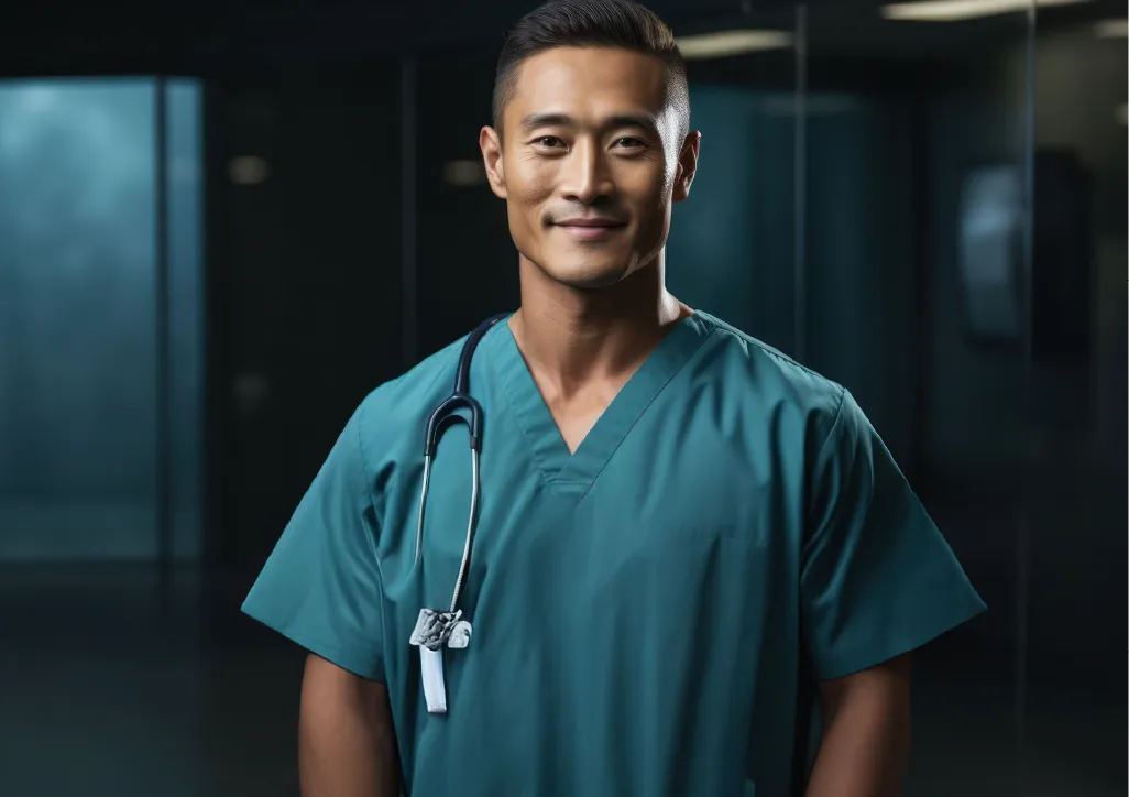 A man wearing a green scrub suit and a stethoscope.