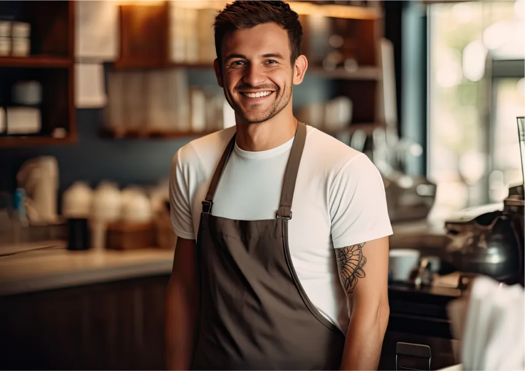 A man in an apron standing in a kitchen.