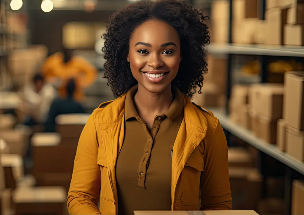 A woman standing in a warehouse with a smile on her face.