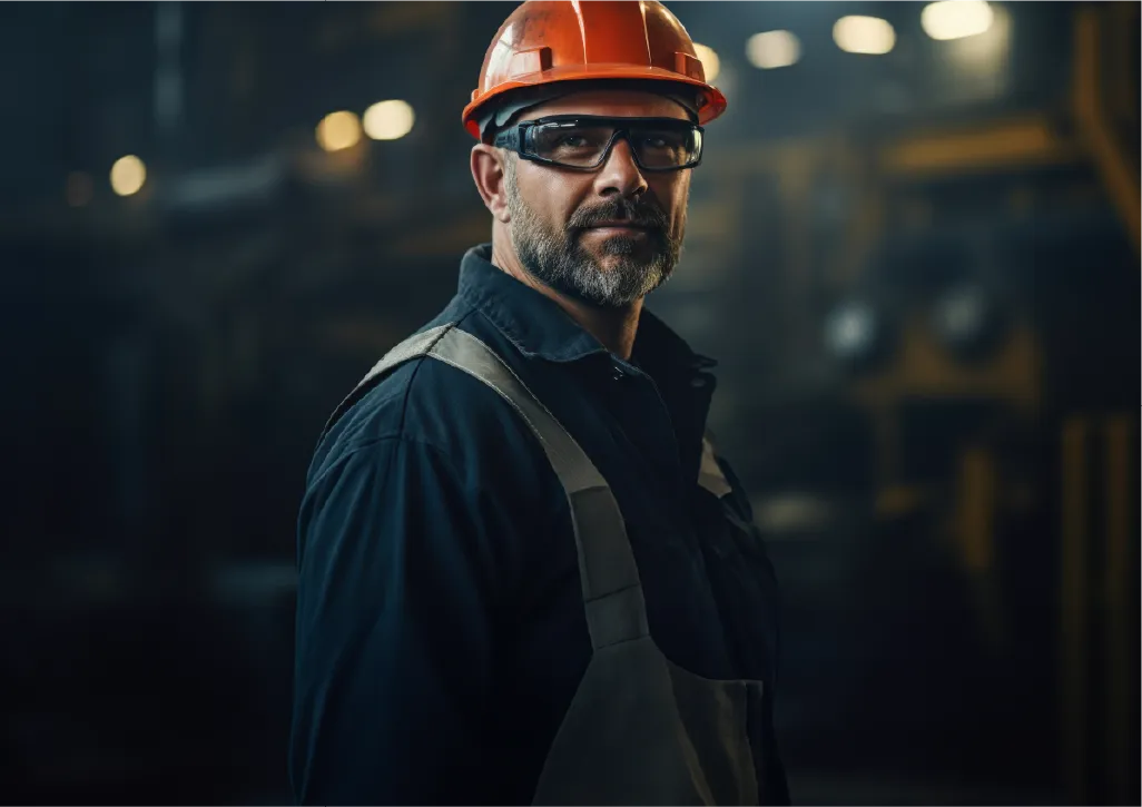 A man wearing a hard hat and safety glasses.