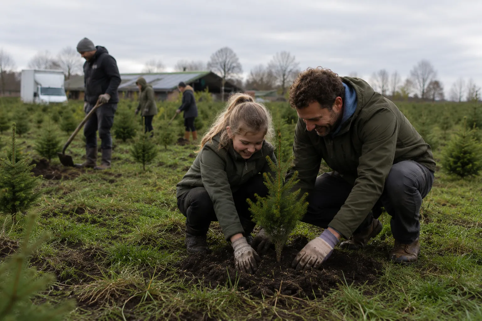 Een man en een meisje planten samen een jonge dennenboom op een boomkwekerij tijdens een bewolkte dag.