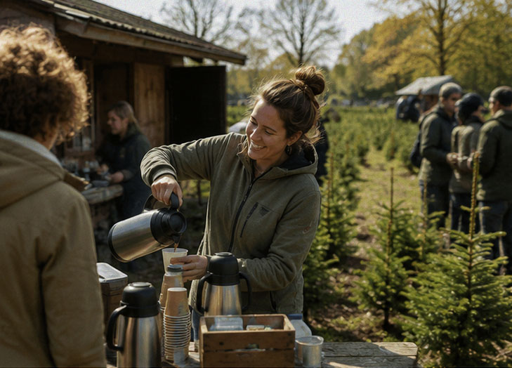 Vrouw schenkt koffie in papieren beker buiten bij een tafel met kerstboompjes op de achtergrond.