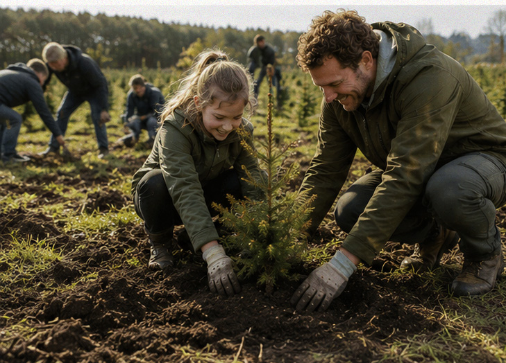 Man en meisje planten samen een kerstboom in een veld met andere mensen op de achtergrond.