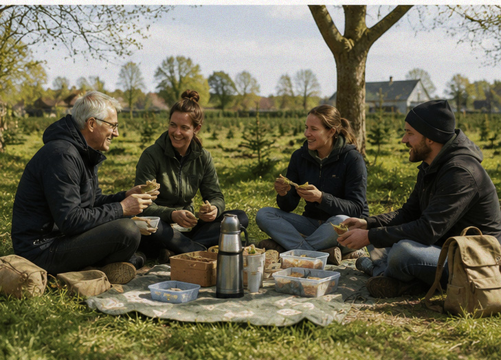 Vier mensen zitten buiten op een picknickkleed en eten samen tussen jonge kerstbomen.