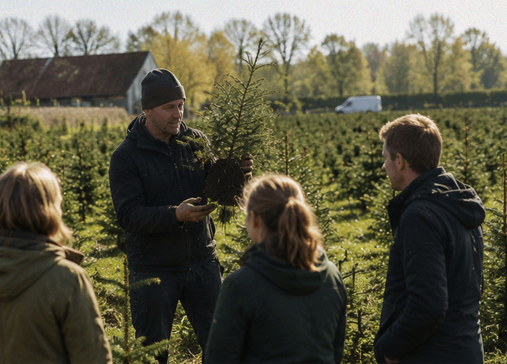 Man toont jong kerstboompje aan drie mensen op een veld met aangeplante kerstbomen.