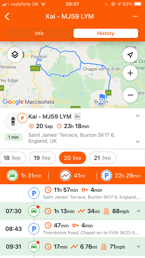 Route overview on mobile after a trip is done when the vehicle tracker is installed.