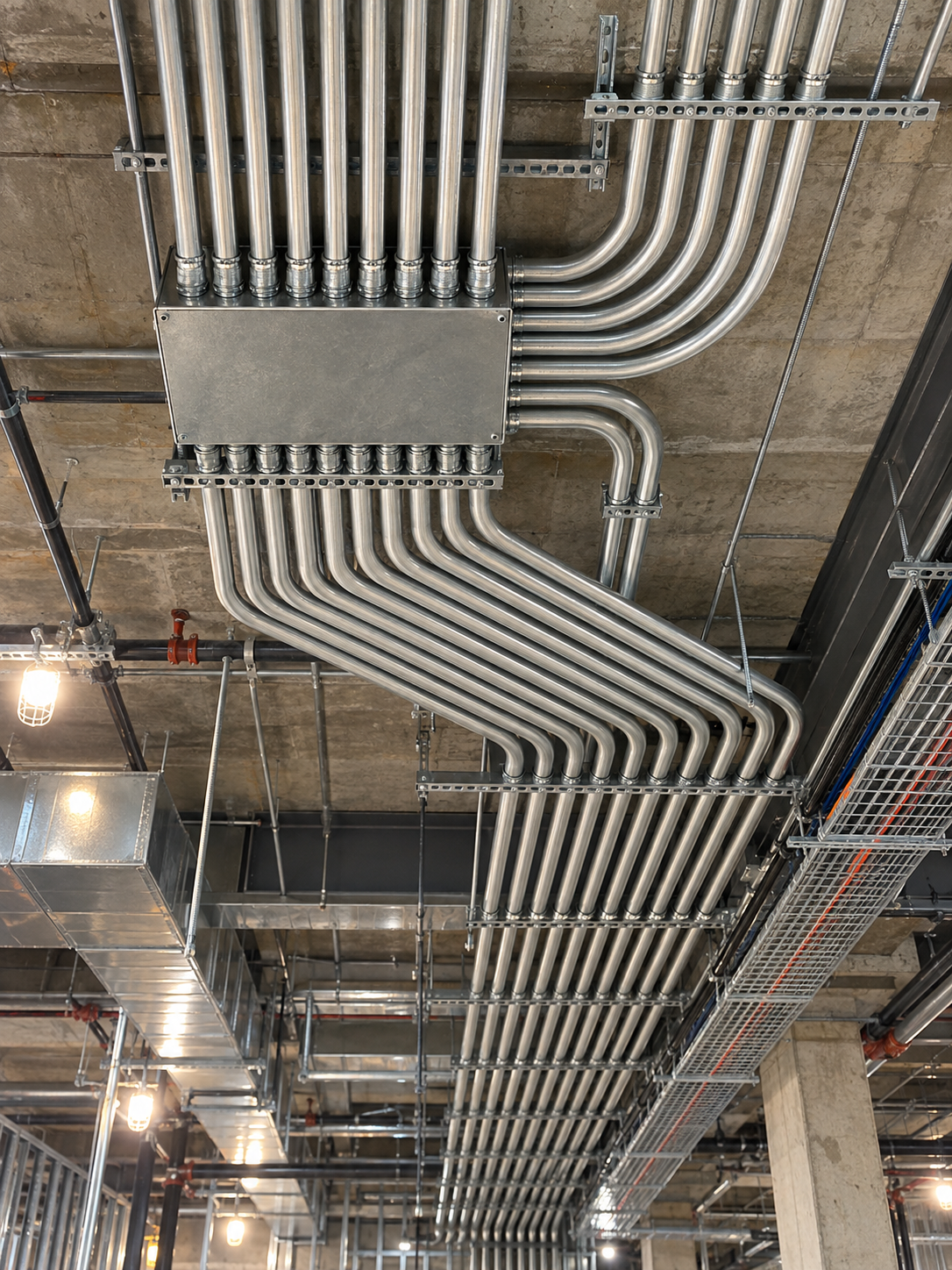 Bank of EMT conduits with sweeping 90-degree bends running from a junction box across a concrete ceiling