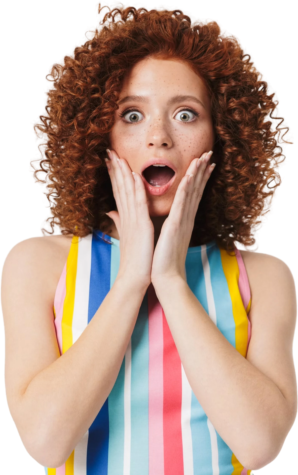 A woman reacting with surprise to her referral reward