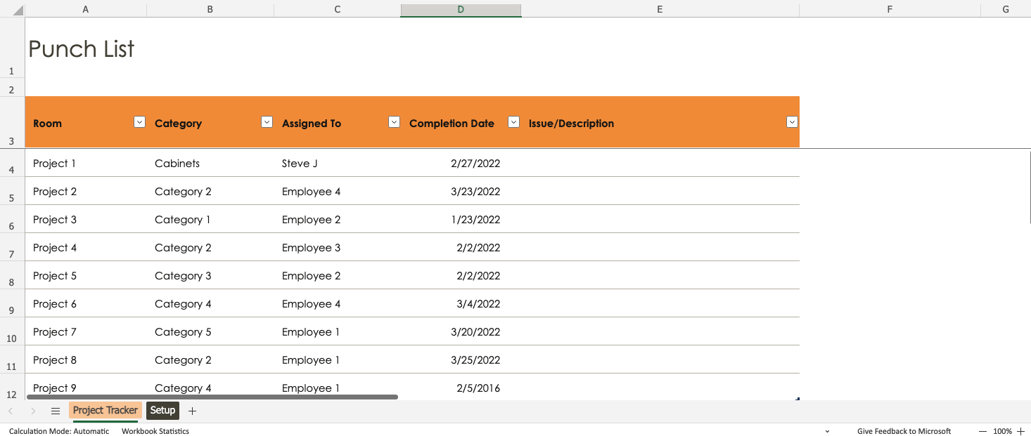 punch list template layout