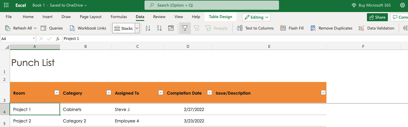 punch list in excel updates