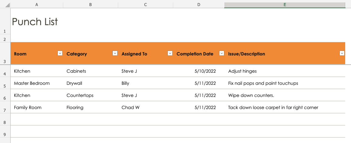 construction punch list example