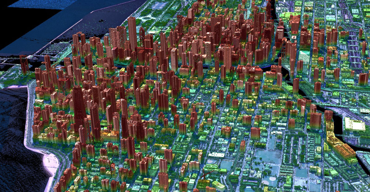 This picture shows a point cloud of the city of Chicago, Illinois. It was measured using a Geiger-mode LIDAR. 