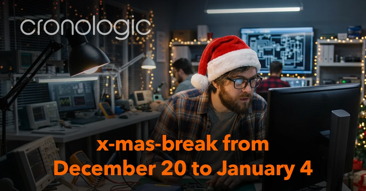 cronologic Christmas message, a christmas tree on a bench for electronics development.