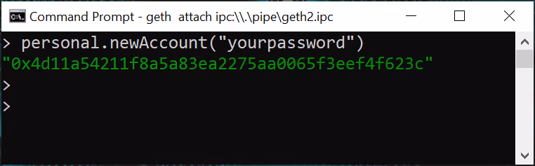 Screenshot of the output of personal.newAccount("yourpassword")