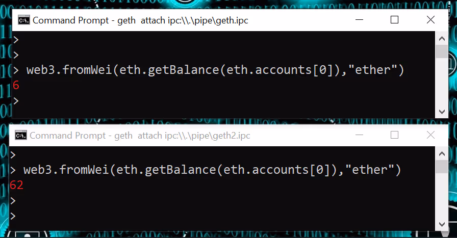 Screenshot showing Node2 has more ether than Node1