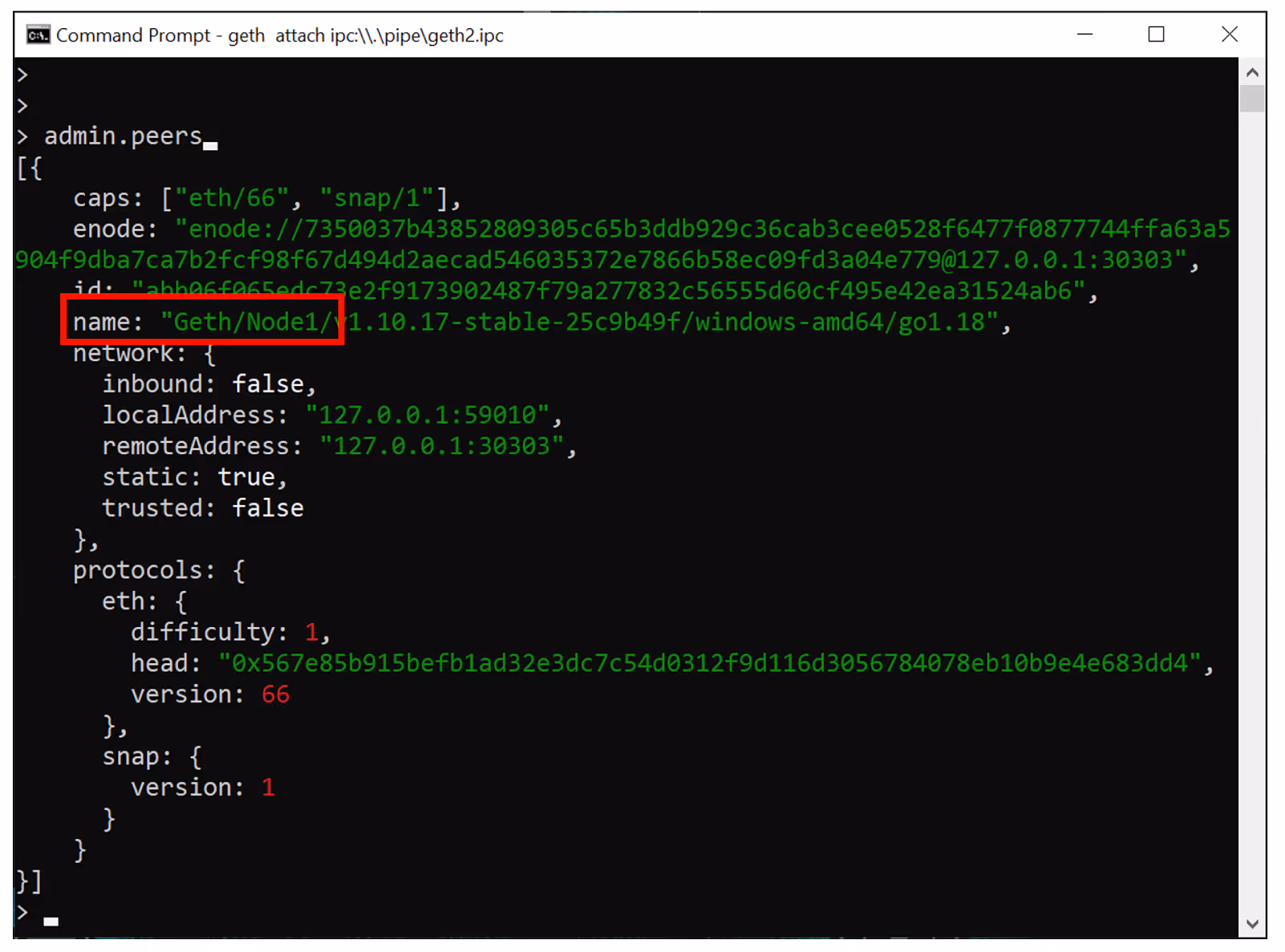 Screenshot showing Node1 connected to Node2