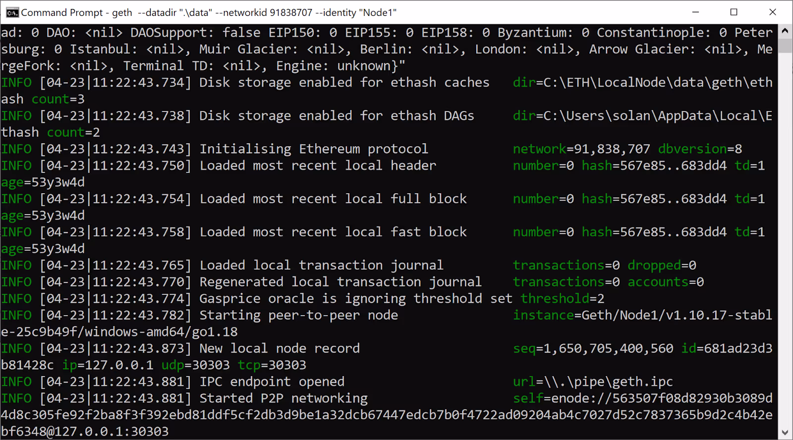 Screenshot showing the output of a command to start the client node
