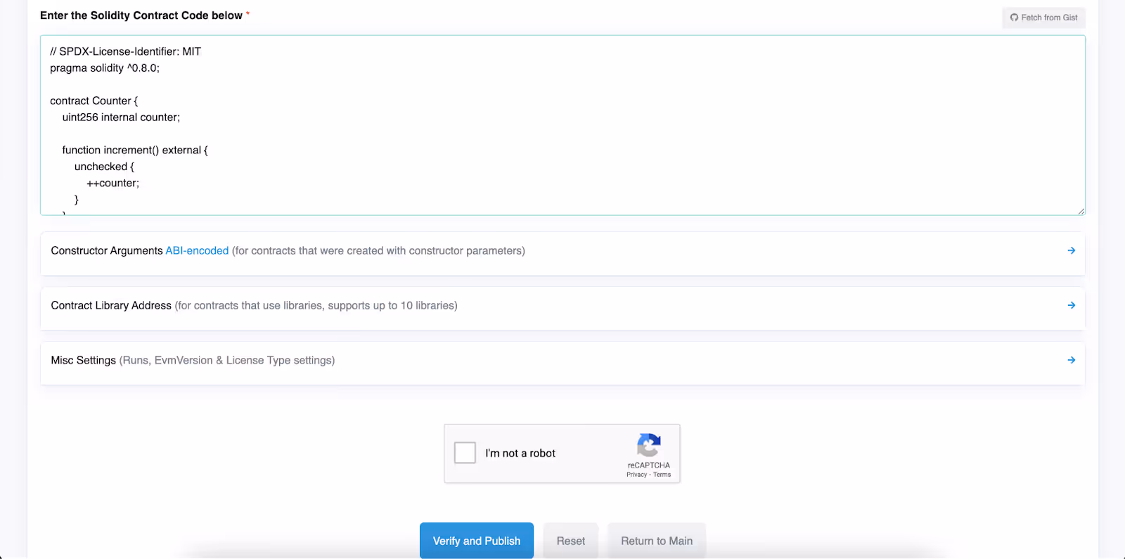Entering a Solidity contract code to Etherscan