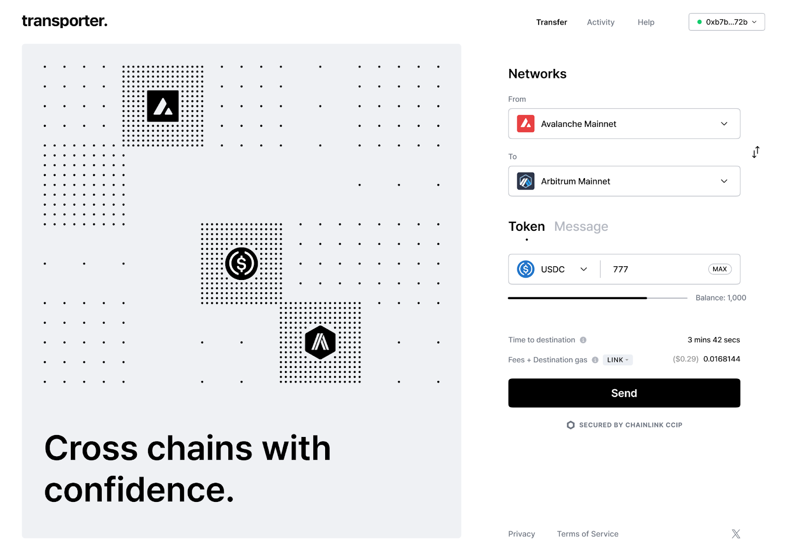 A screenshot of Transporter’s cross-chain bridging UI. 