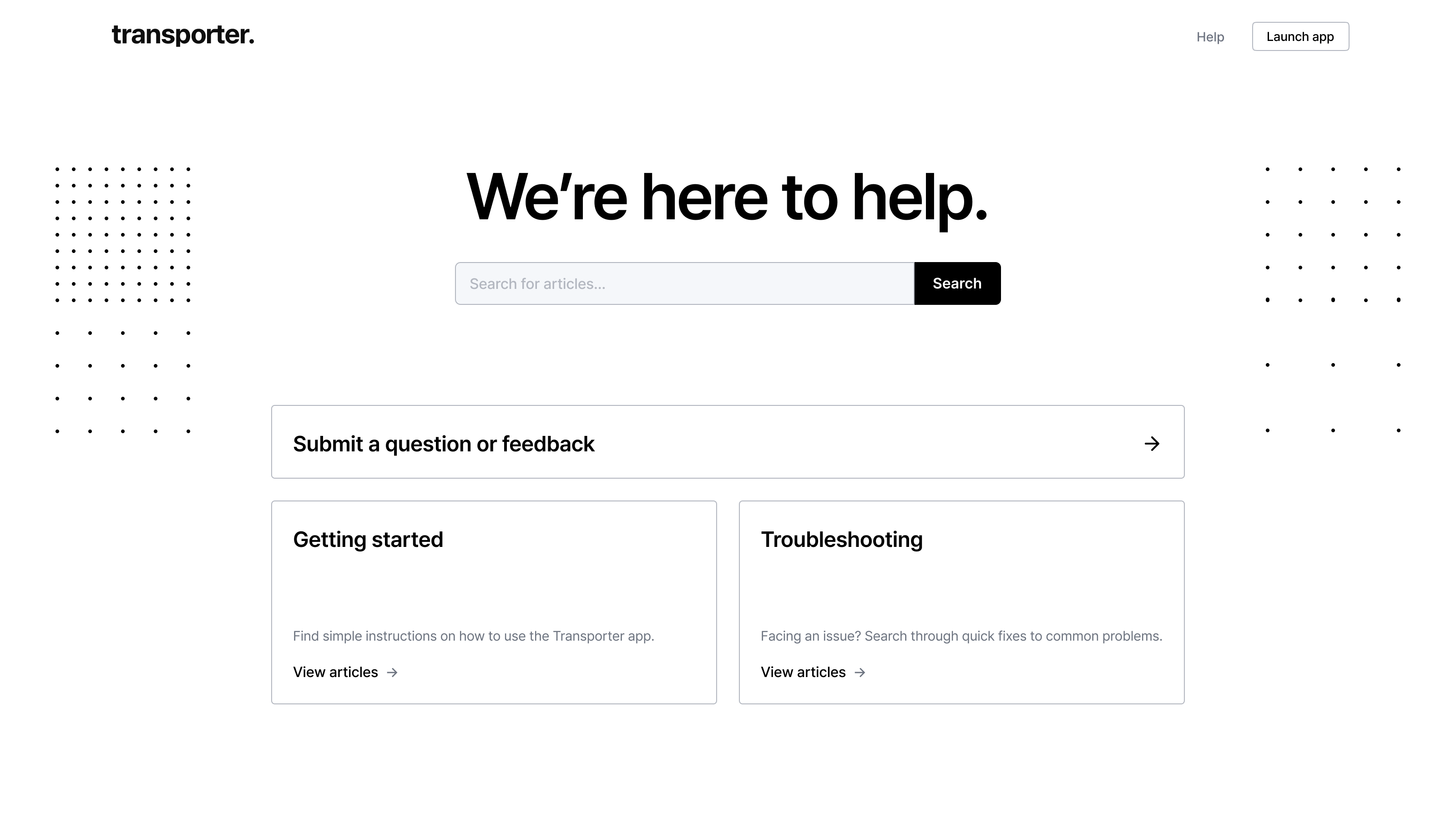 A screenshot of Transporter’s Help Page