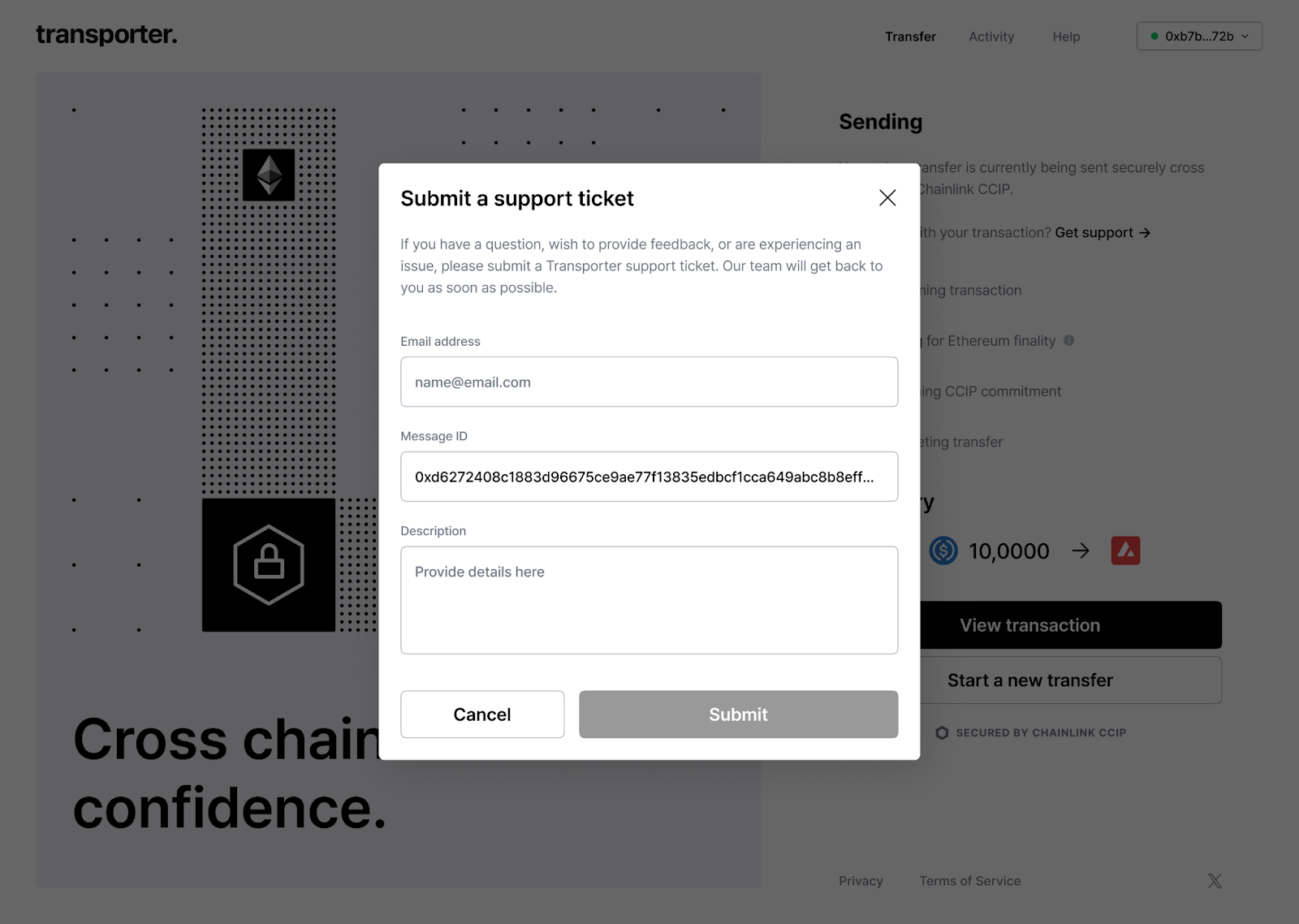 A screenshot of Transporter’s support ticket system. 
