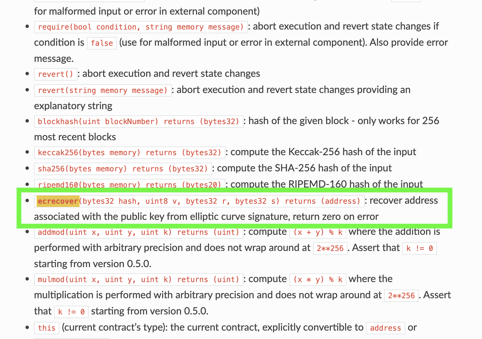Screenshot of Solidity ecrecover function wrapper.