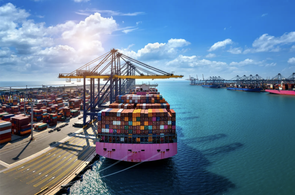 Cargo ship in port. 