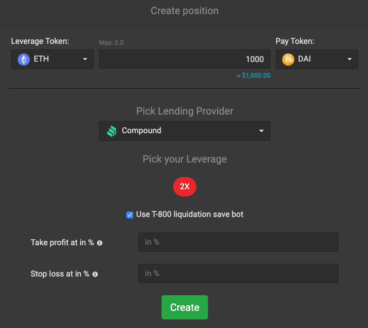 The 1x.ag user interface for creating trade positions and automated trading strategies