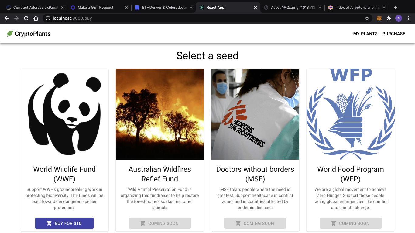 Crypto Plants, Chainlink bounty winners in the ETHDenver 2021 Hackathon, encourages environmentally and socially conscious giving by rewarding people with verifiably unique NFTs.