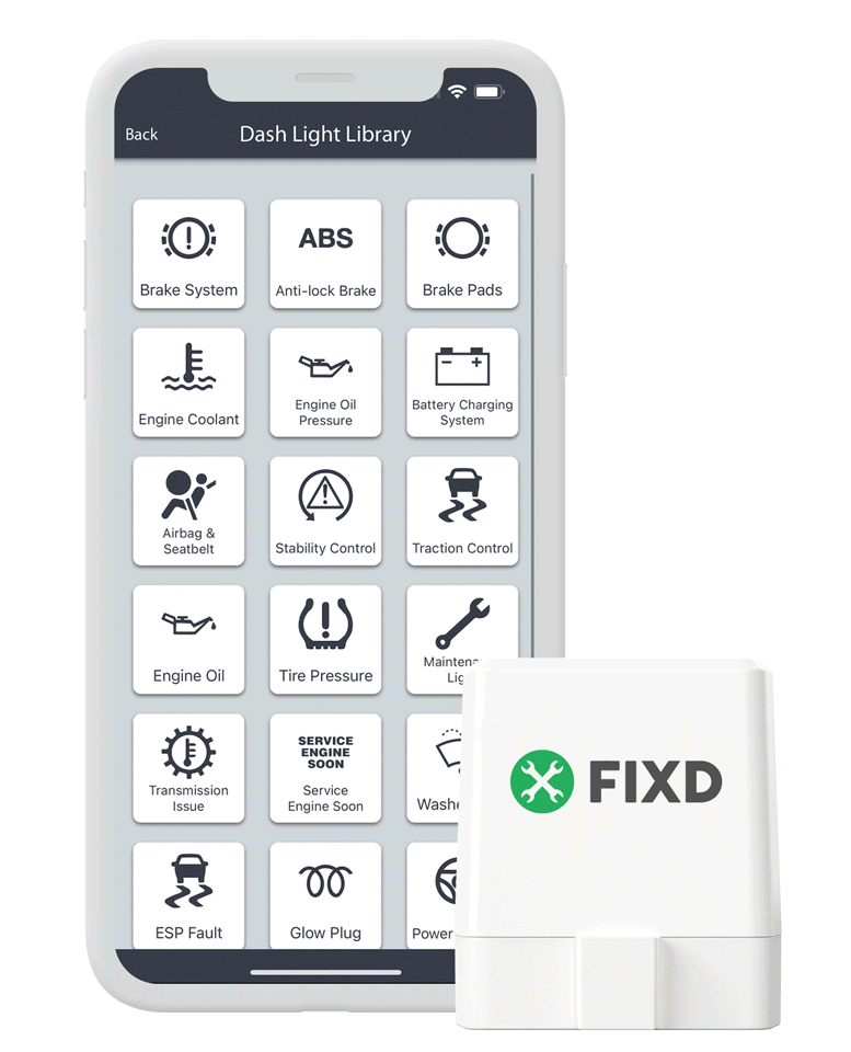 FIXD sensor next to a phone showing FIXD app features