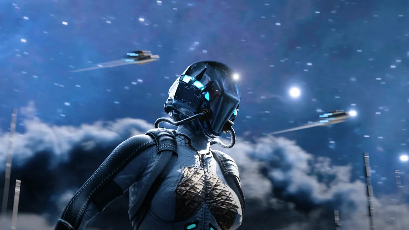 Futuristic astronaut wearing a high-tech helmet and suit looking to the right with two fast-moving spacecraft flying in a starry night sky.