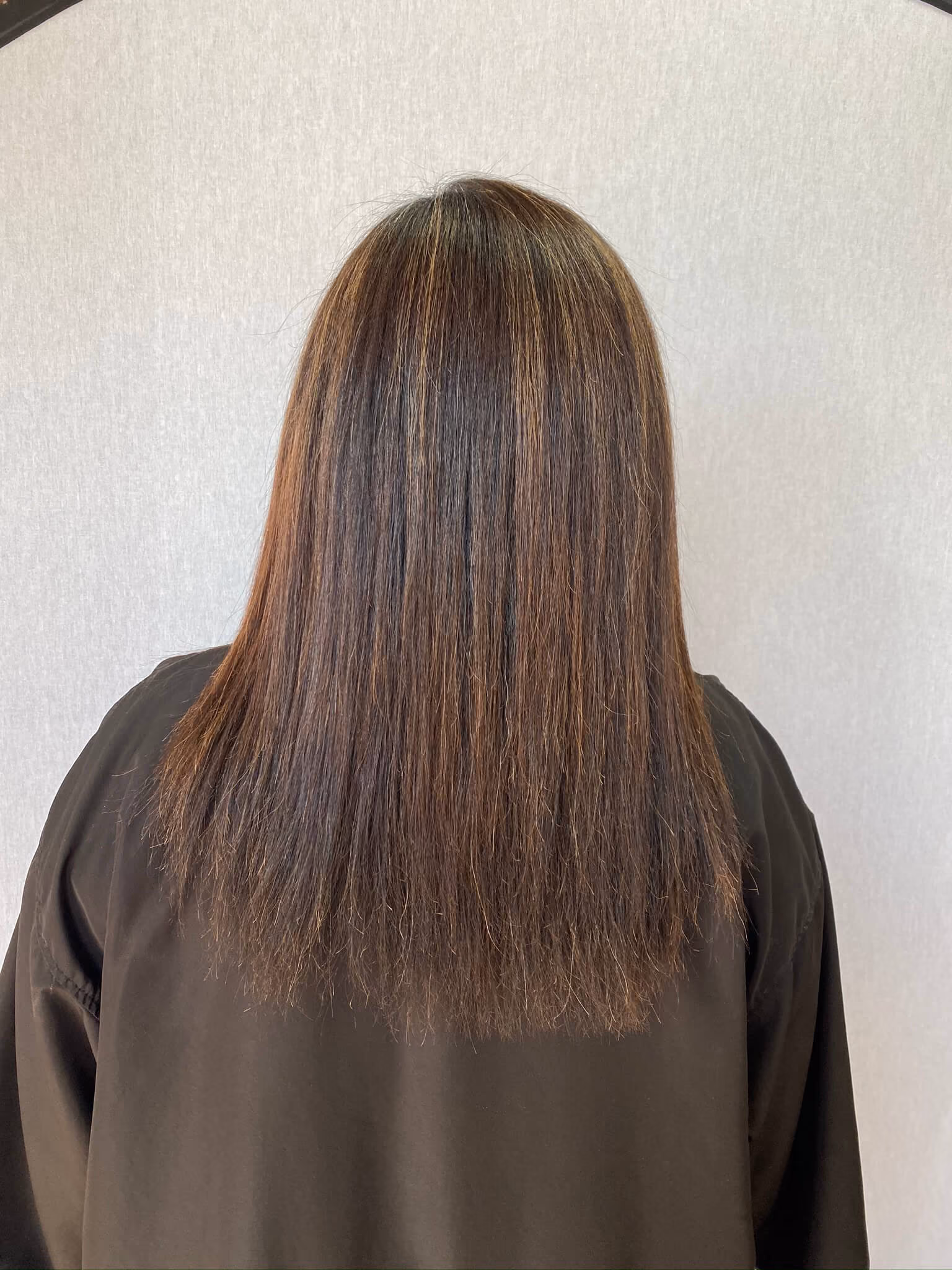 Sleek, frizz-free brunette hair with copper highlights after a smoothing treatment at Janelle Alexis Salon in Houston