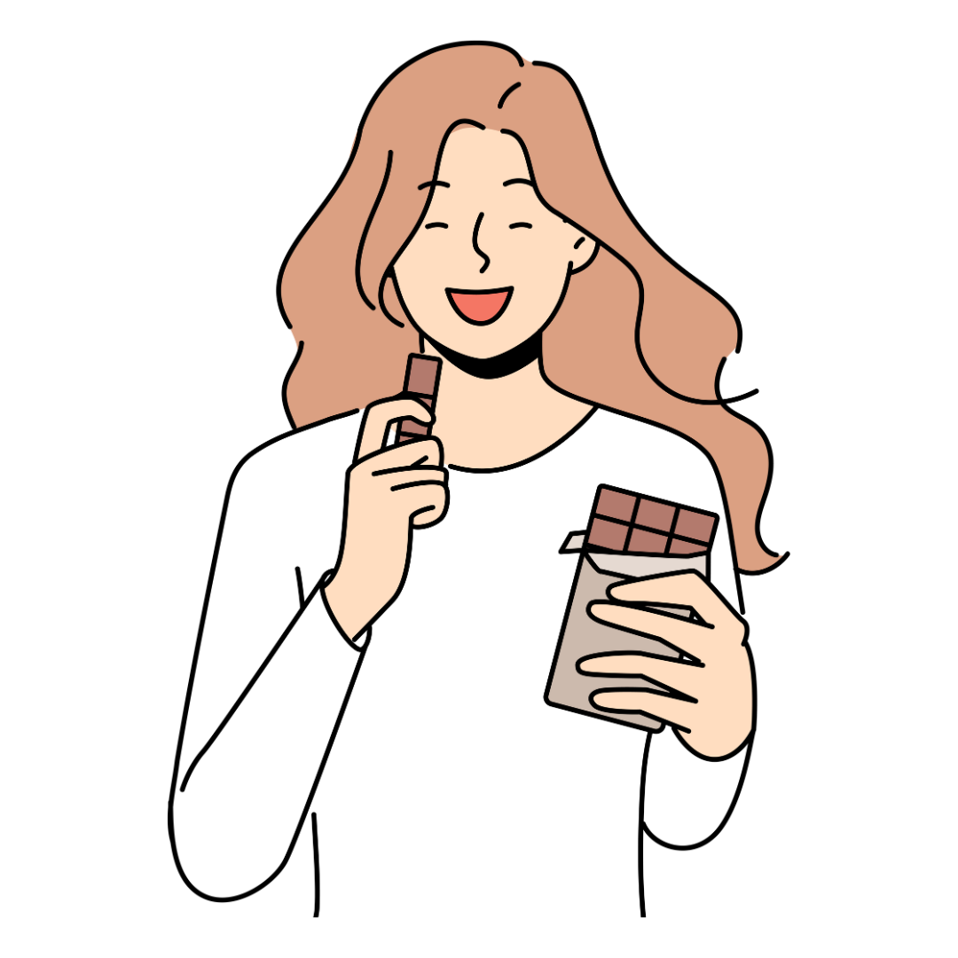 Vrouw die chocola eet maar wel in balans is