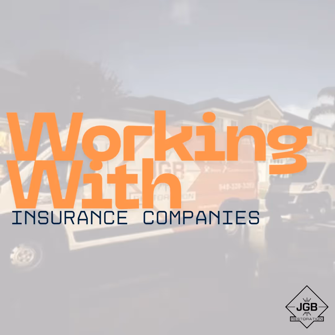 JGB Restoration service van parked at residential water damage emergency site in Orange County, ready to work with homeowner's insurance company for seamless claims process.