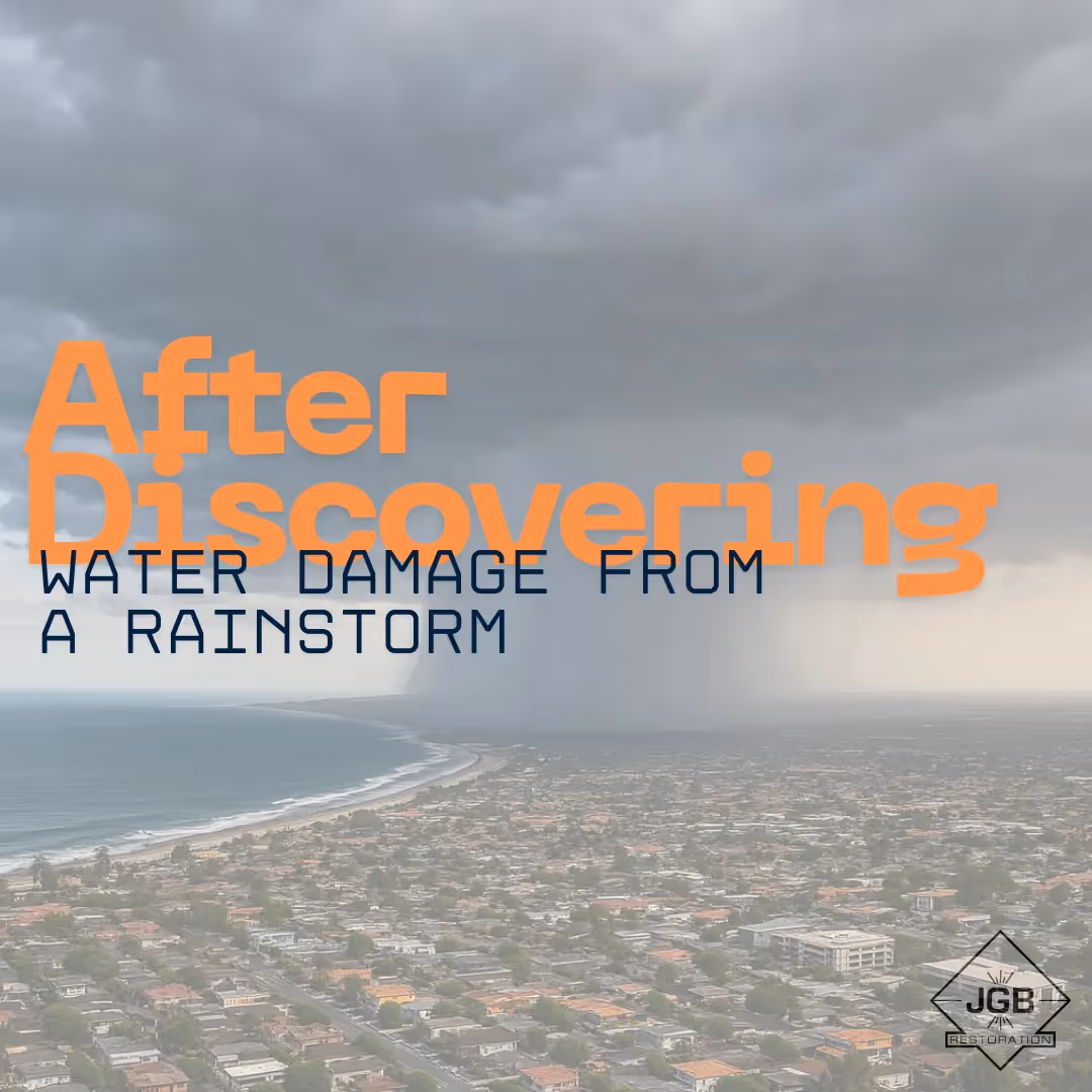 Discover water damage after a rainstorm? Follow these 5 critical steps immediately. JGB Restoration provides 60-minute emergency response in Orange County.