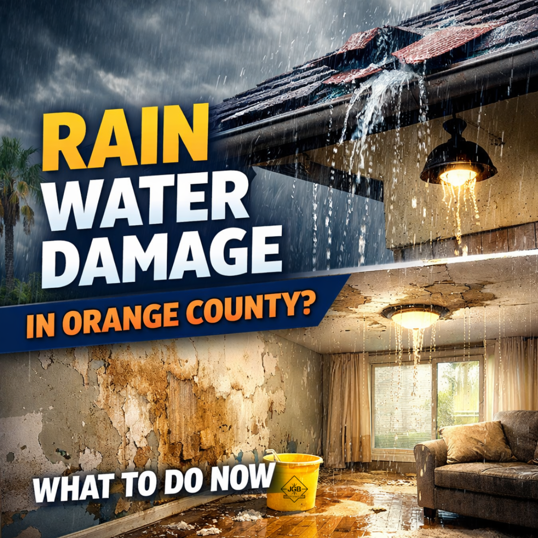 Heavy rain causing water damage inside an Orange County home with ceiling leaks and interior flooding
