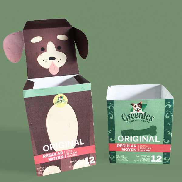 Paper prototype for Greenies dental dog treats package redesign.