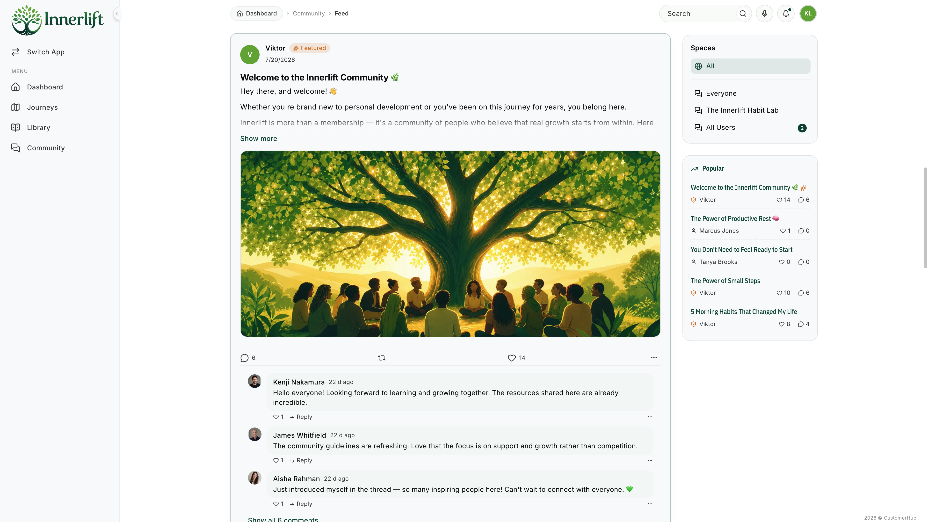 A CustomerHub community feed: a post with 14 likes and replies from users