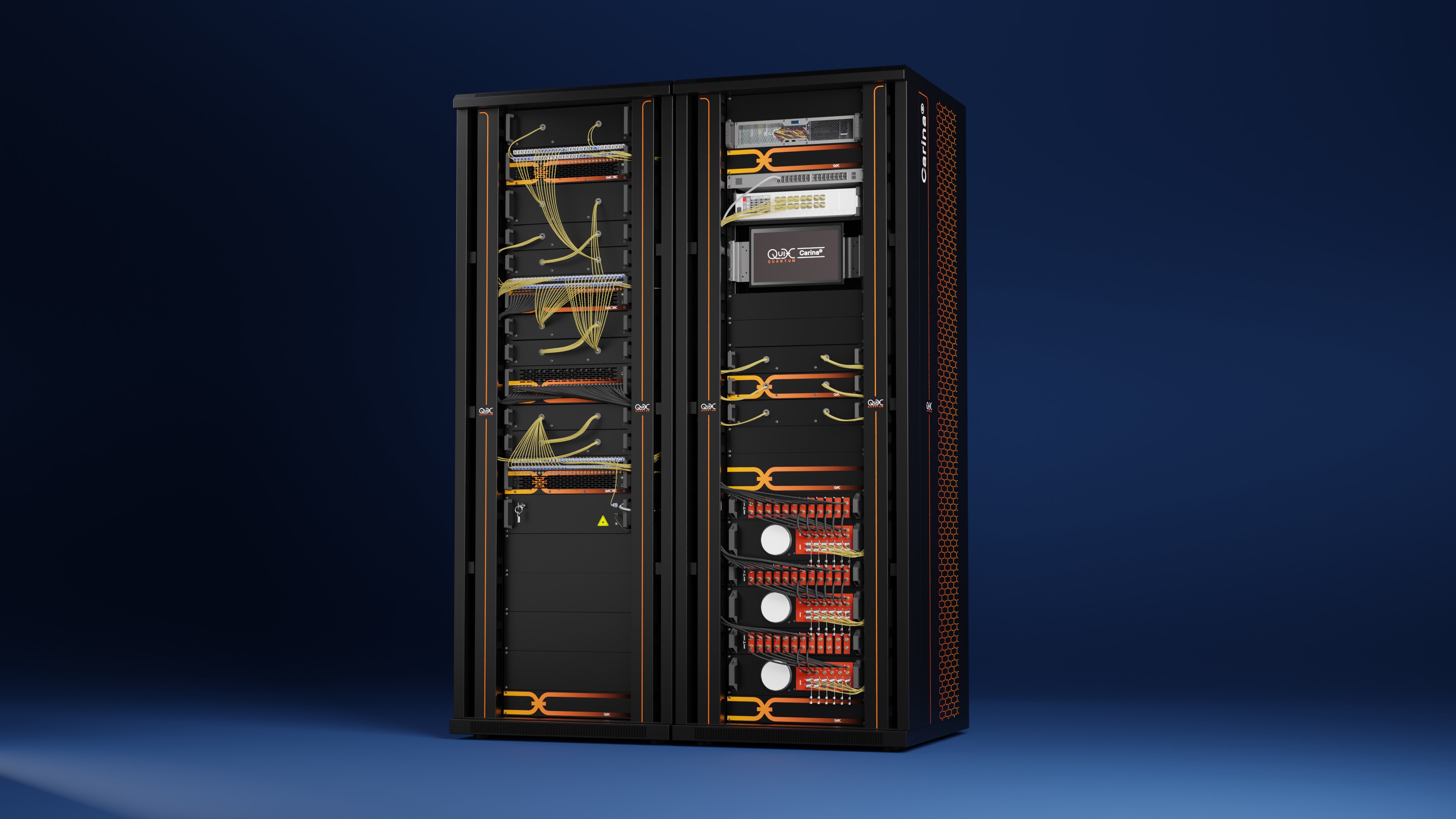 A single frame from an animation presenting a quantum computer.