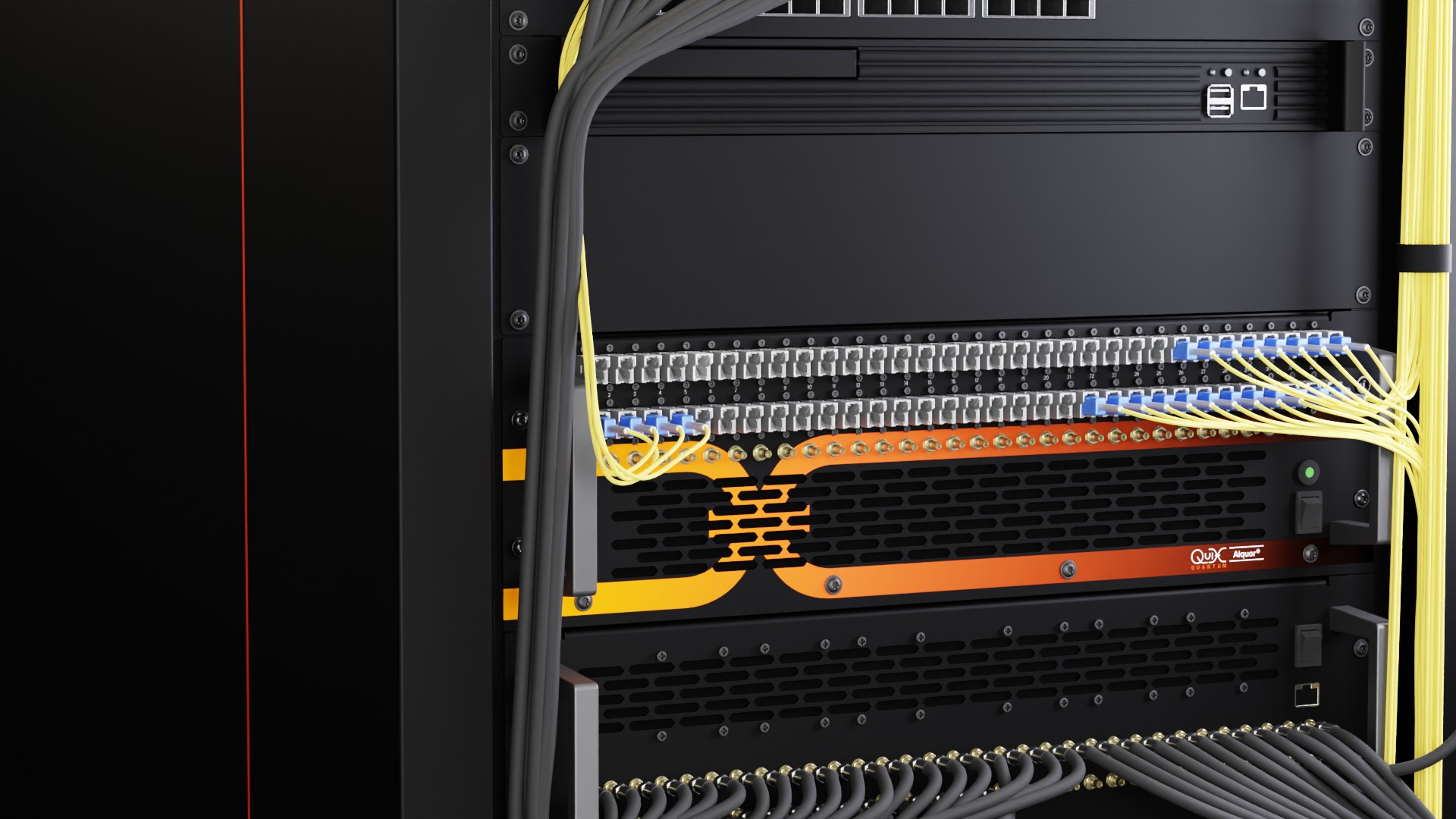 Close-up of quantum computer, with optical fibre and coax cables.