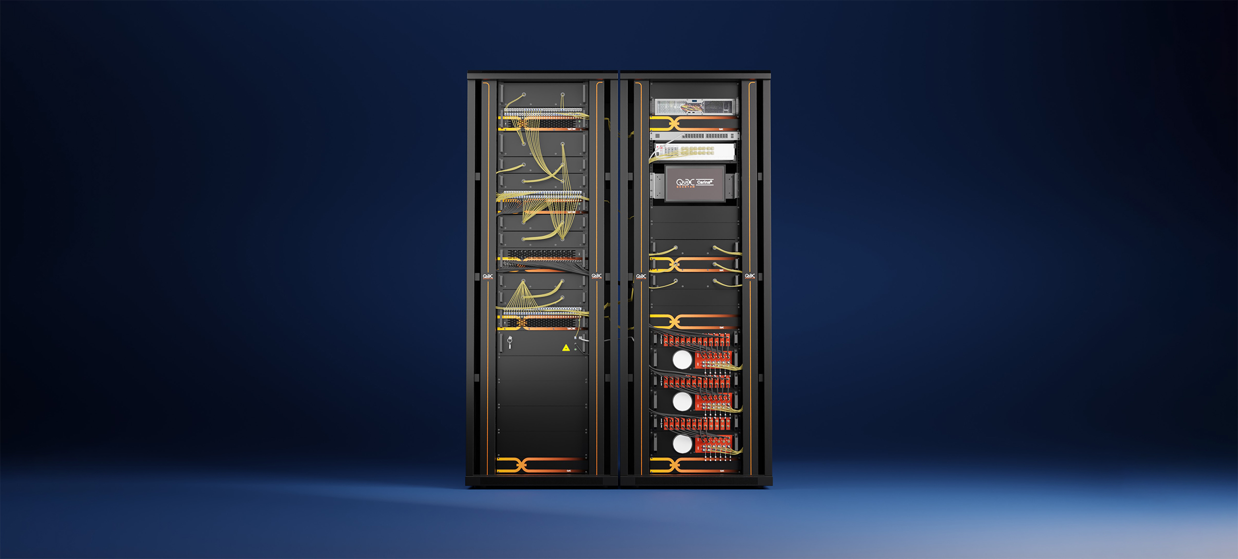 Front view of quantum computer on dark blue background.