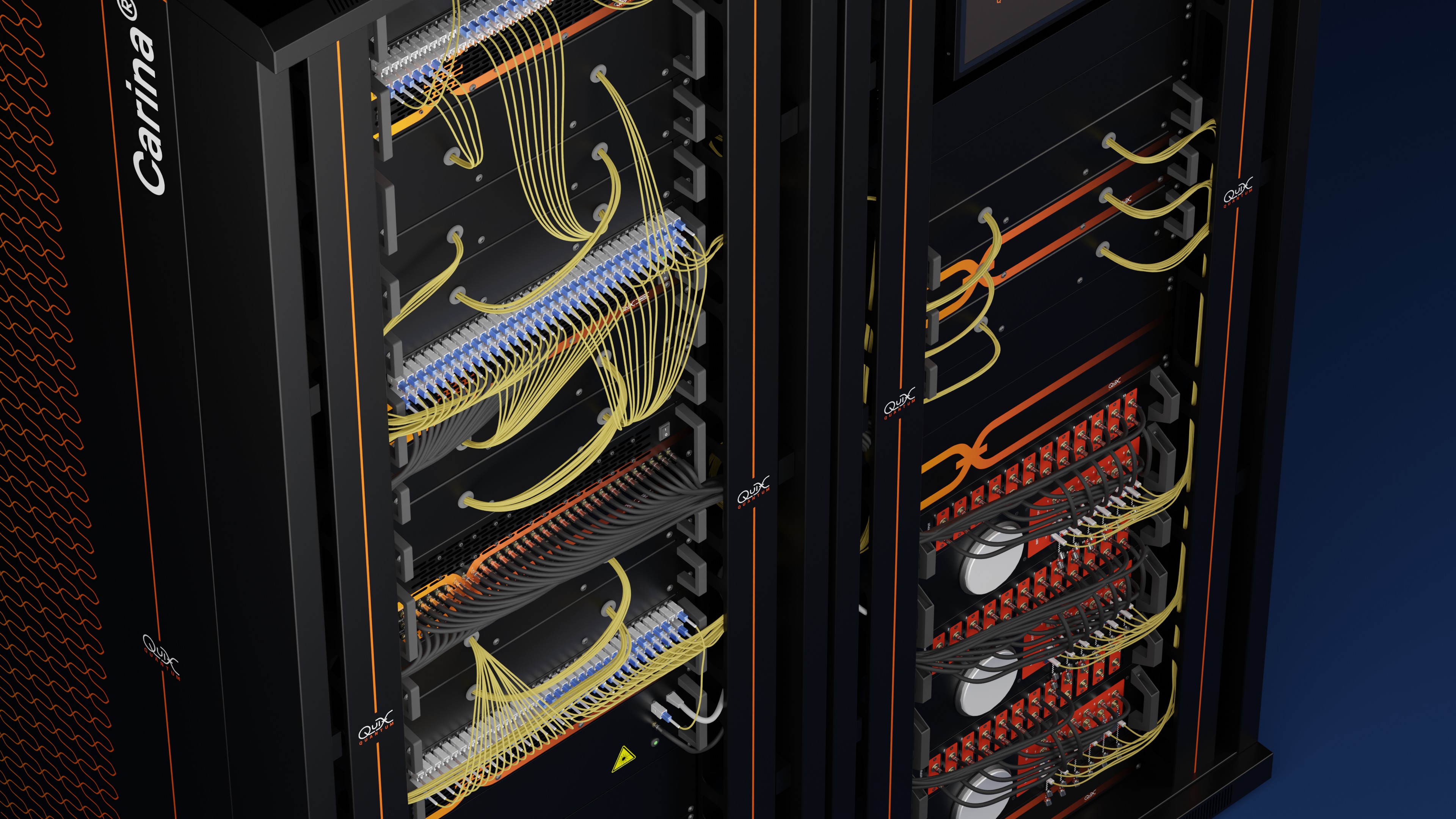 Snapshot of animation about quantum computer, dramatic top-angled view.