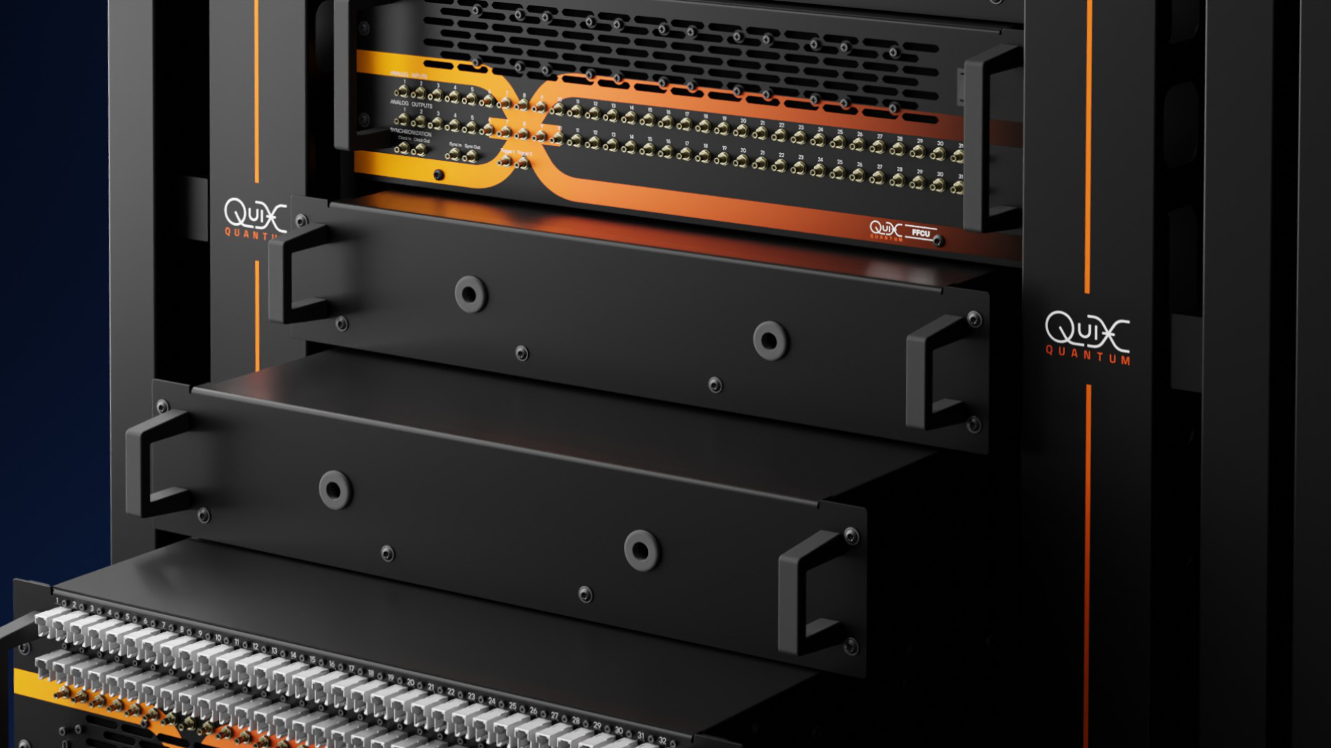 Snapshot from an animation showing a quantum computer as its units fly into the server rack.