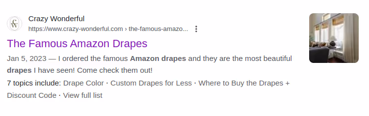 An Amazon affiliate site displays advanced features in SERP.