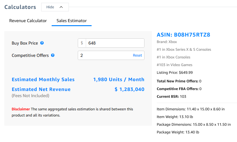 Helium 10 Sales Estimator