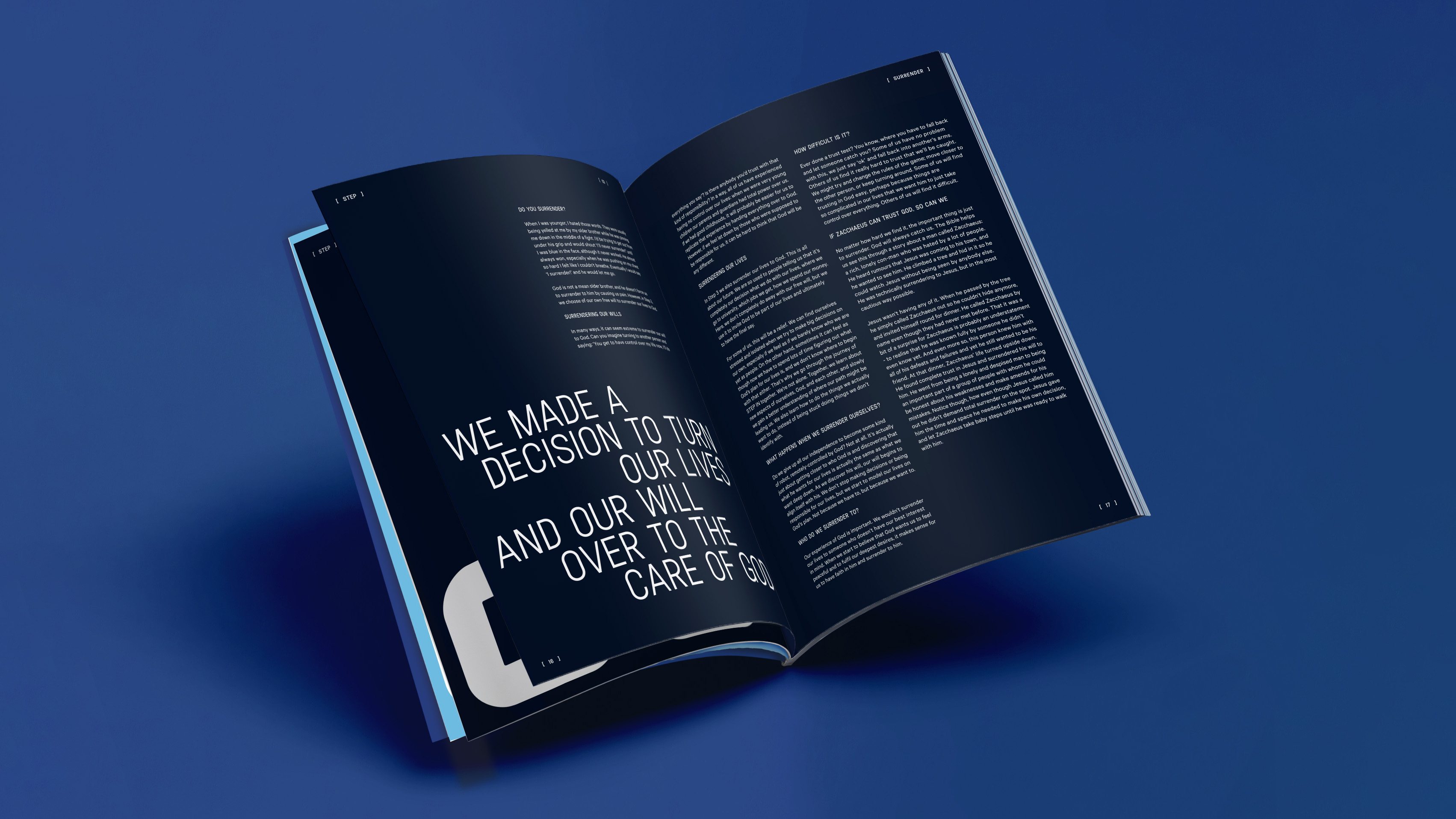 Open book with text on dark blue pages discussing making a decision to turn lives and will over to the care of God.